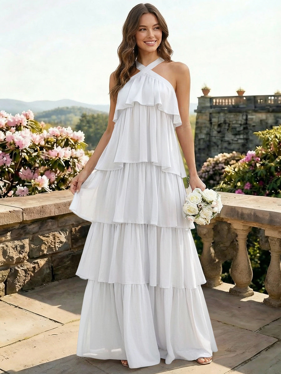 Chiffon Halter Tiered A Line Bridesmaid Dresses