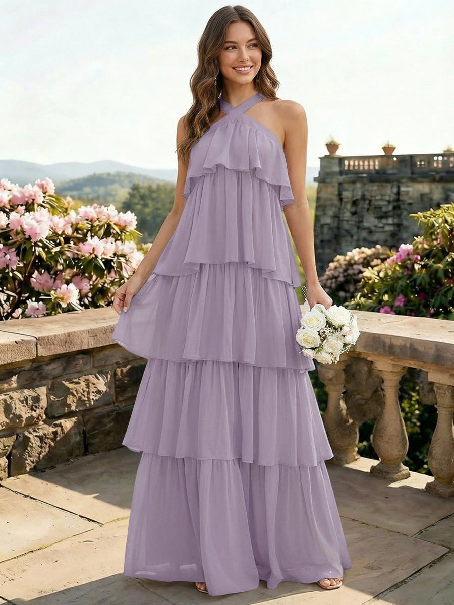 Chiffon Halter Tiered A Line Bridesmaid Dresses