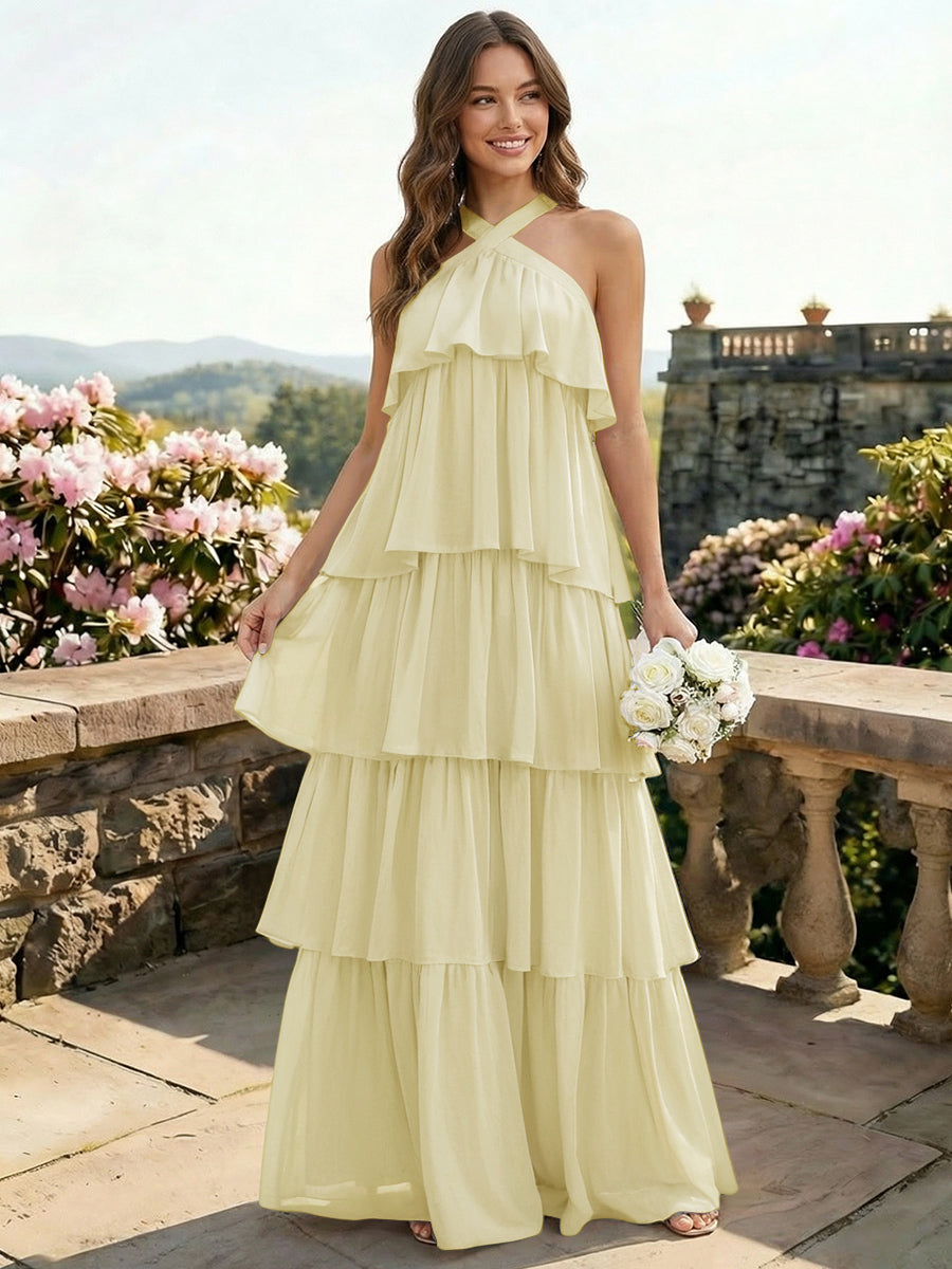 Chiffon Halter Tiered A Line Bridesmaid Dresses