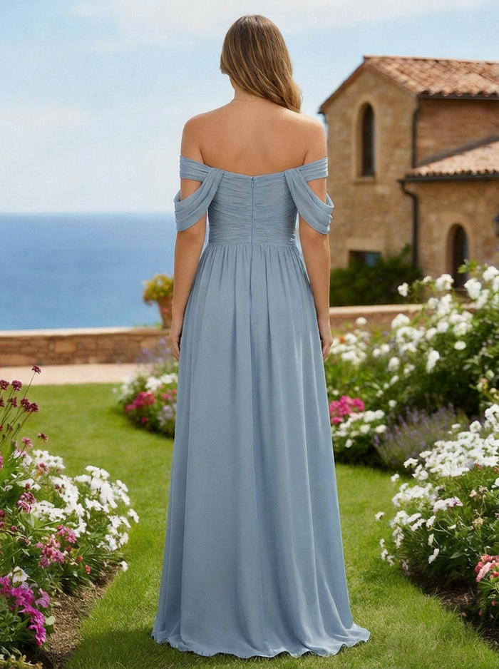 Chiffon Off the Shoulder Bridesmaid Dresses with Slit