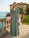 Chiffon V Neck Pleated Bridesmaid Dresses with Slit