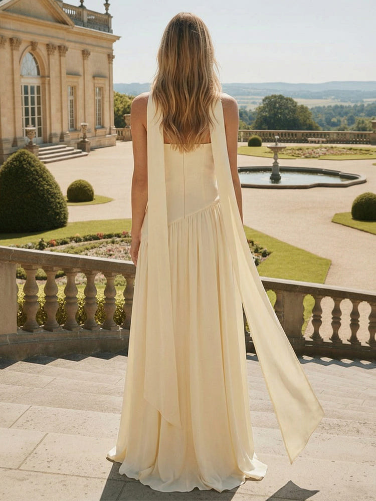 Chiffon Strapless Side Slit Bridesmaid Dresses with Scarf