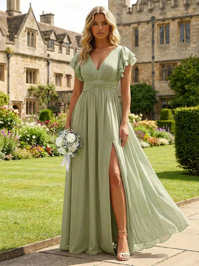Chiffon V Neck Ruffles Bridesmaid Dresses with Slit