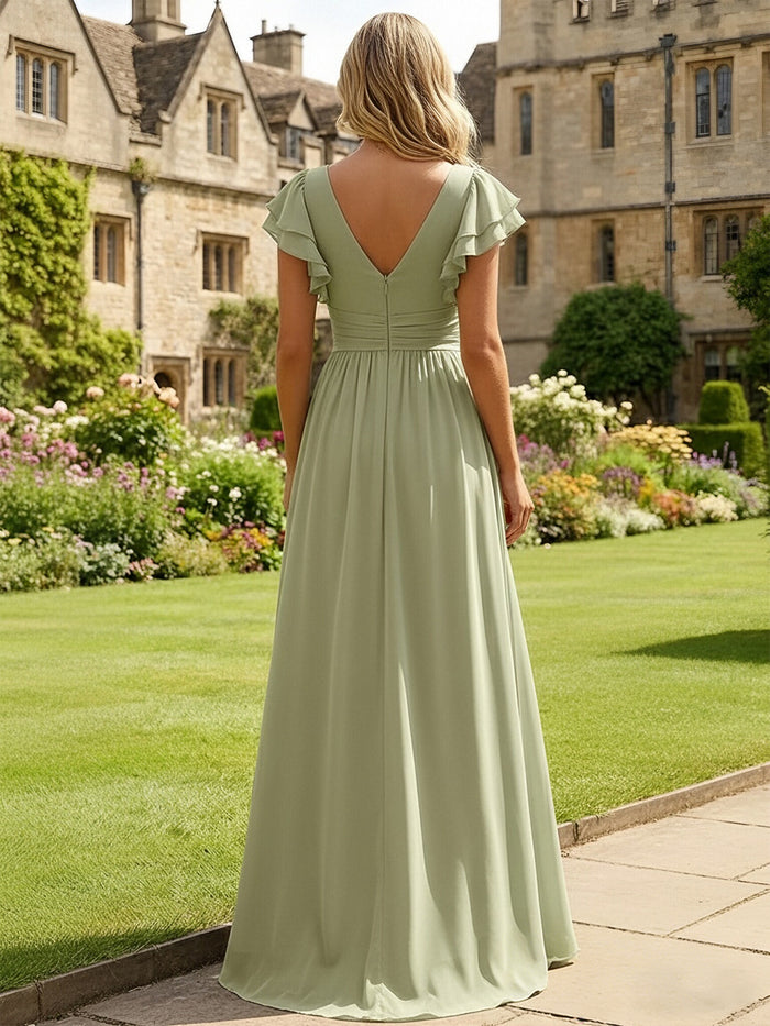 Chiffon V Neck Ruffles Bridesmaid Dresses with Slit