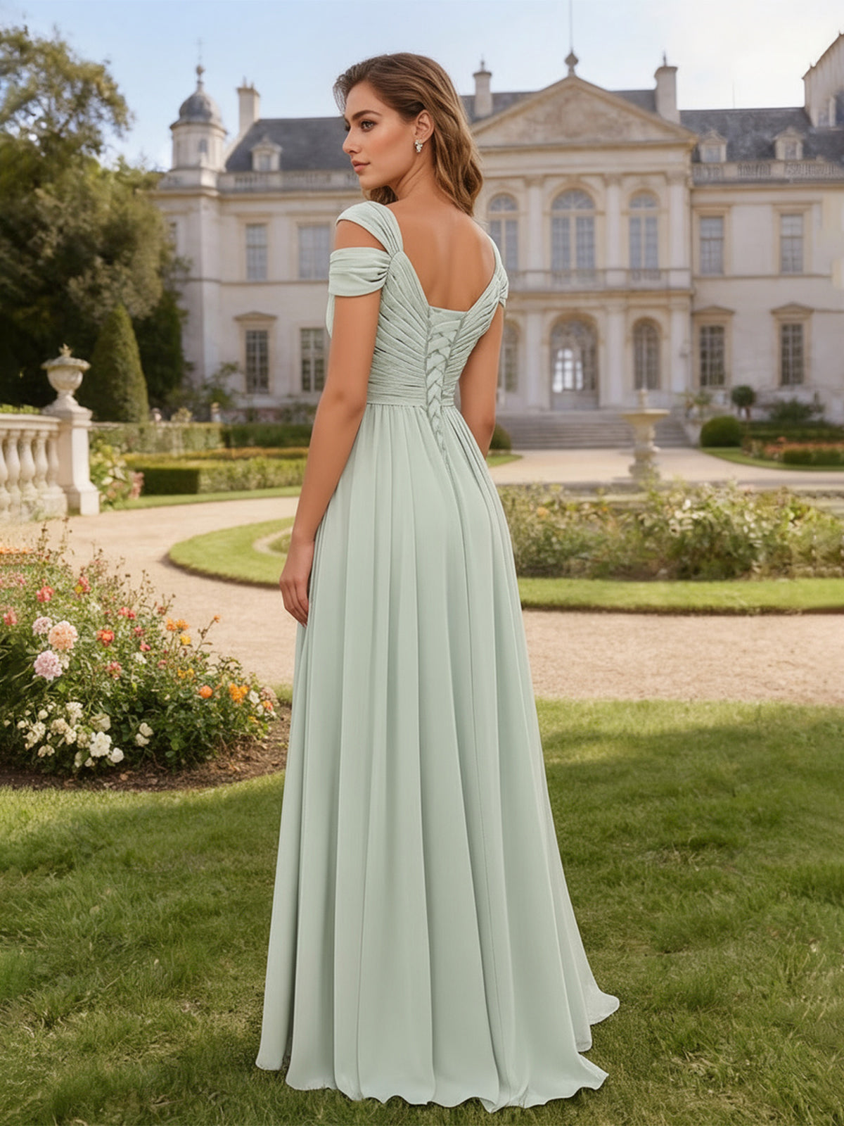 Chiffon Off the Shoulder Bridesmaid Dresses with Slit