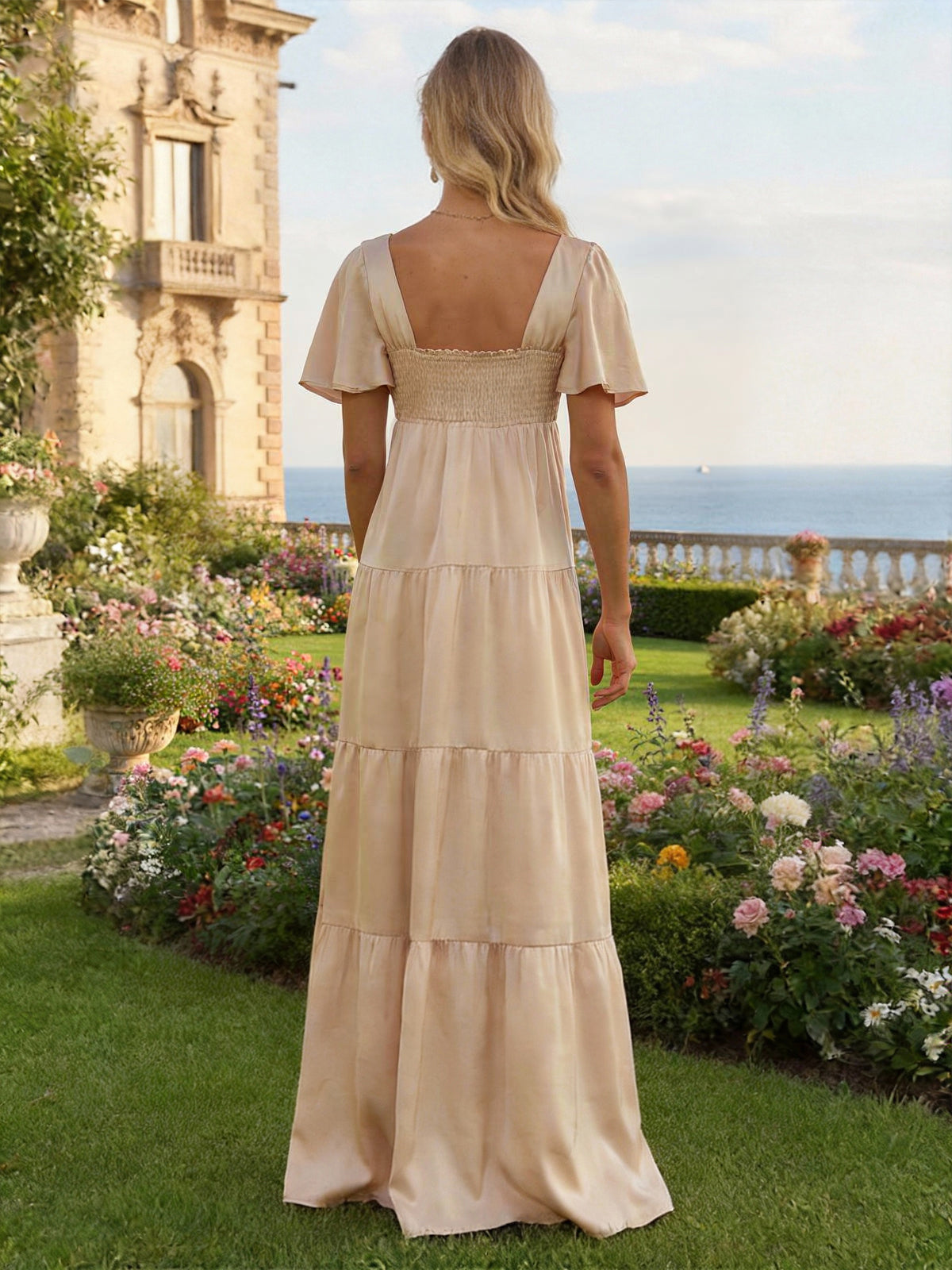 Satin Sweetheart Pleated Bridesmaid Dresses with Flutter Sleeves
