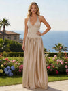 Satin Halter Pleated V Neck Wedding Guests Dresses