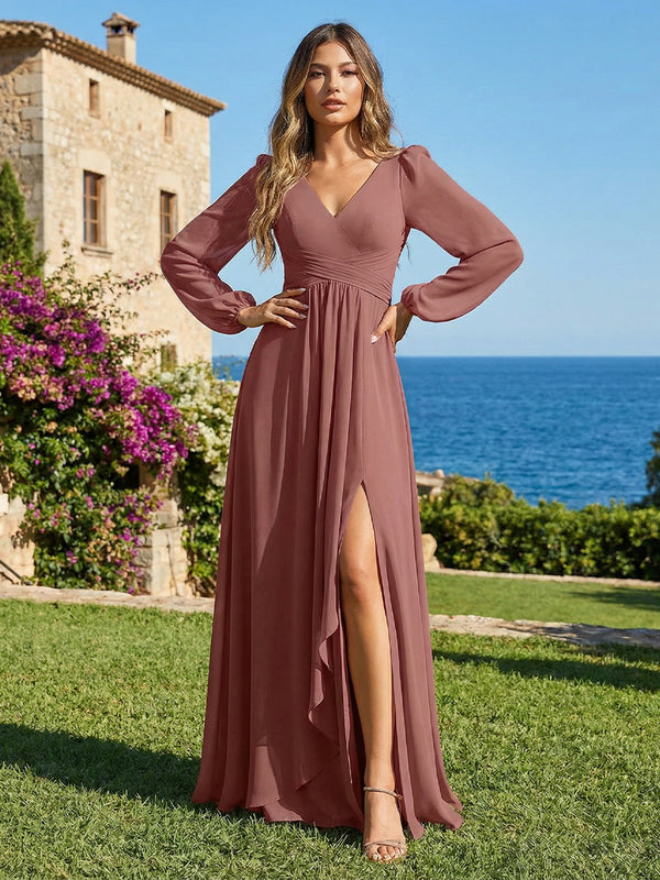 Chiffon V Neck Pleated Bridesmaid Dresses with Slit