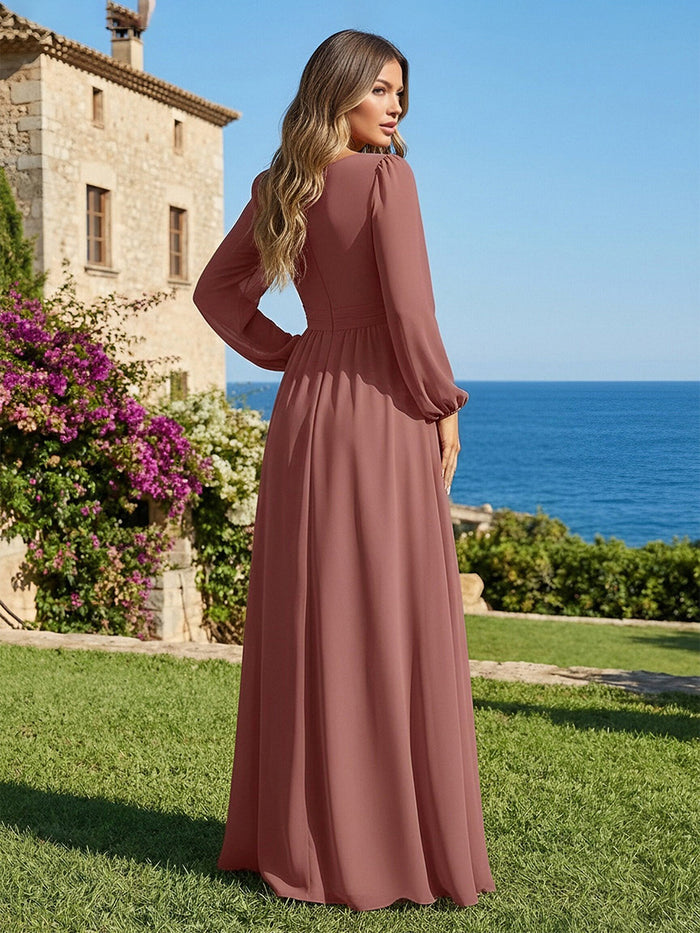 Chiffon V Neck Pleated Bridesmaid Dresses with Slit