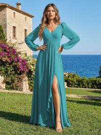 Chiffon V Neck Pleated Bridesmaid Dresses with Slit