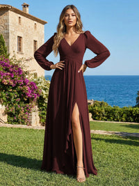 Chiffon V Neck Pleated Bridesmaid Dresses with Slit