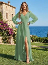 Chiffon V Neck Pleated Bridesmaid Dresses with Slit