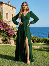 Chiffon V Neck Pleated Bridesmaid Dresses with Slit