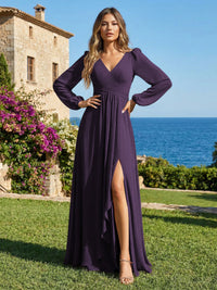 Chiffon V Neck Pleated Bridesmaid Dresses with Slit