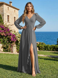 Chiffon V Neck Pleated Bridesmaid Dresses with Slit