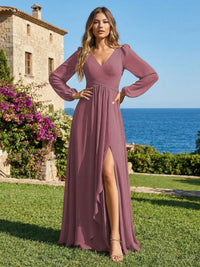 Chiffon V Neck Pleated Bridesmaid Dresses with Slit