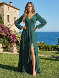 Chiffon V Neck Pleated Bridesmaid Dresses with Slit