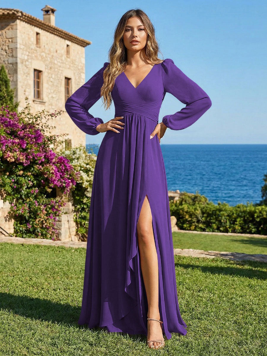 Chiffon V Neck Pleated Bridesmaid Dresses with Slit