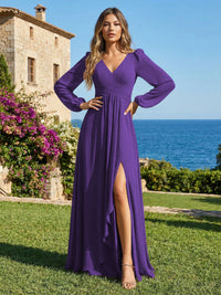 Chiffon V Neck Pleated Bridesmaid Dresses with Slit