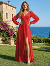 Chiffon V Neck Pleated Bridesmaid Dresses with Slit