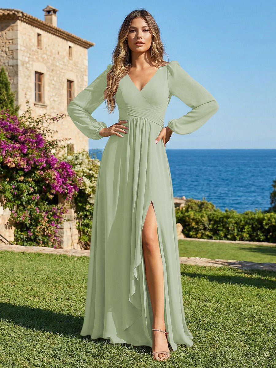Chiffon V Neck Pleated Bridesmaid Dresses with Slit