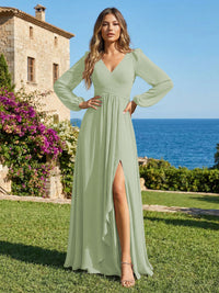 Chiffon V Neck Pleated Bridesmaid Dresses with Slit