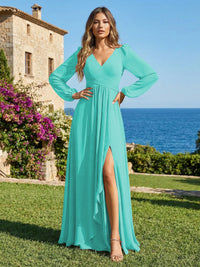 Chiffon V Neck Pleated Bridesmaid Dresses with Slit