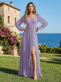 Chiffon V Neck Pleated Bridesmaid Dresses with Slit