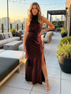 Satin High Neck Formal Dresses with Slit