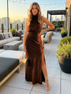 Satin High Neck Formal Dresses with Slit