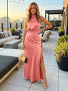 Satin High Neck Formal Dresses with Slit