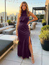 Satin High Neck Formal Dresses with Slit