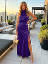 Satin High Neck Formal Dresses with Slit