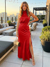 Satin High Neck Formal Dresses with Slit