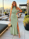 Satin High Neck Formal Dresses with Slit