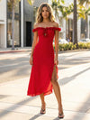 Tea Length Chiffon Sheath Formal Dresses Off the Shoulder Ruffles Guests Dresses