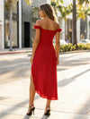 Tea Length Chiffon Sheath Formal Dresses Off the Shoulder Ruffles Guests Dresses