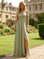 Chiffon A Line Off the Shoulder Pleated Bridesmaid Dresses
