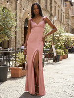 Satin Sheath V Neck Pleated Bridesmaid Dresses