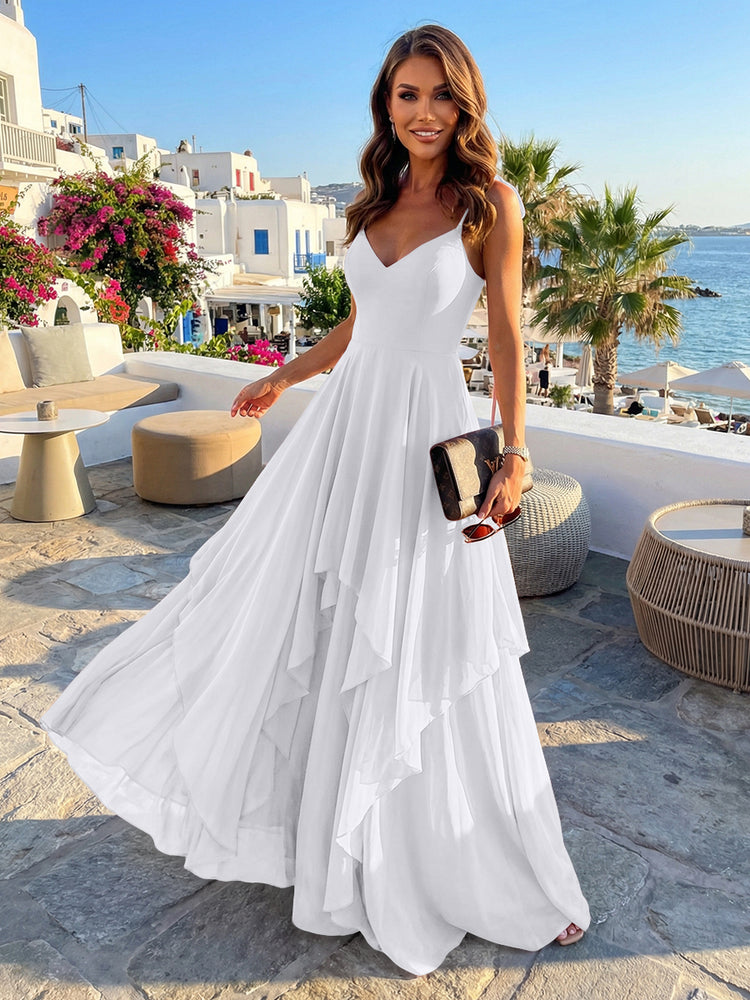 white flowy bridesmaid dresses 2026 Yellow Chiffon A-Line Spaghetti Straps V-Neck Ruffles Floor-Length Elegant Wedding Guest Dresses Size:6-18 months Stretch ) Neckline Vintage Disney Just Toys Price-$2