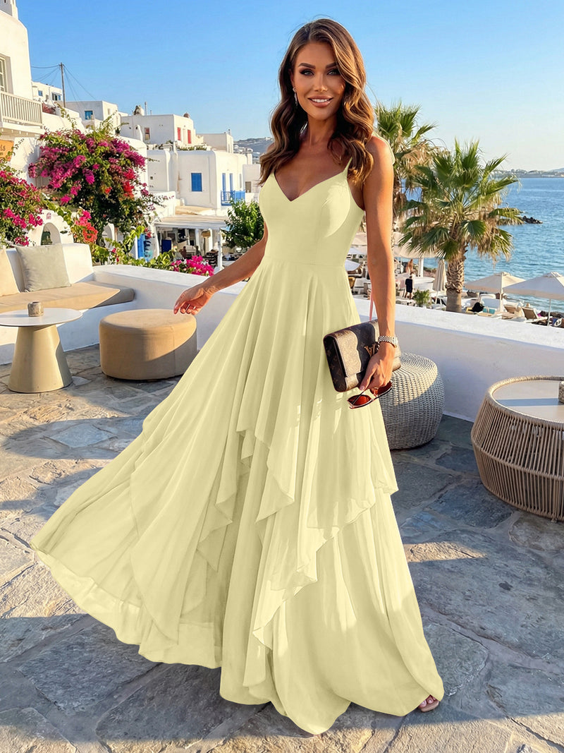 2026 Yellow Bridesmaid Dresses Chiffon A-Line Spaghetti Straps V-Neck Ruffles Floor-Length Elegant Wedding Guest Dresses