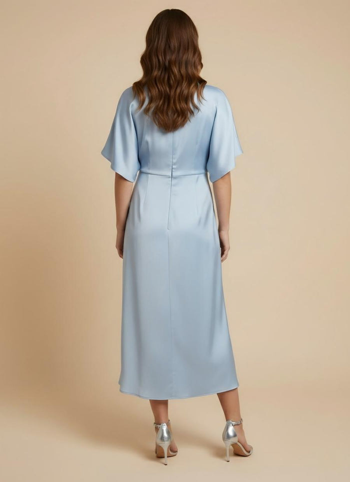 Satin A Line V Neck Pleated Formal Dresses