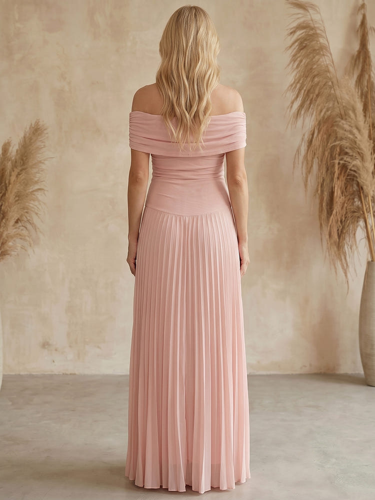 A Line Long Off the Shoulder Pleated Formal Dresses