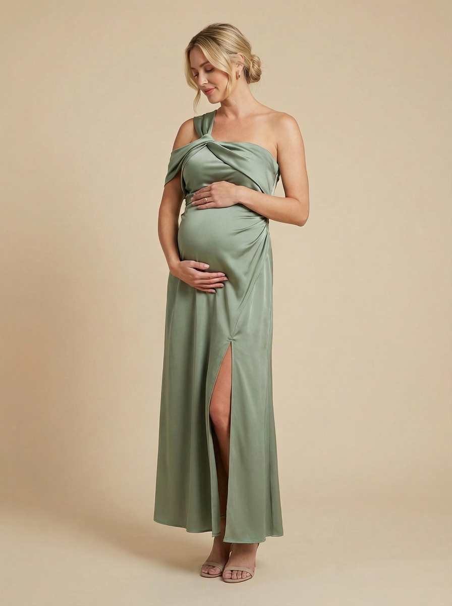 Satin A Line One Shoulder Pleated Formal Dresses