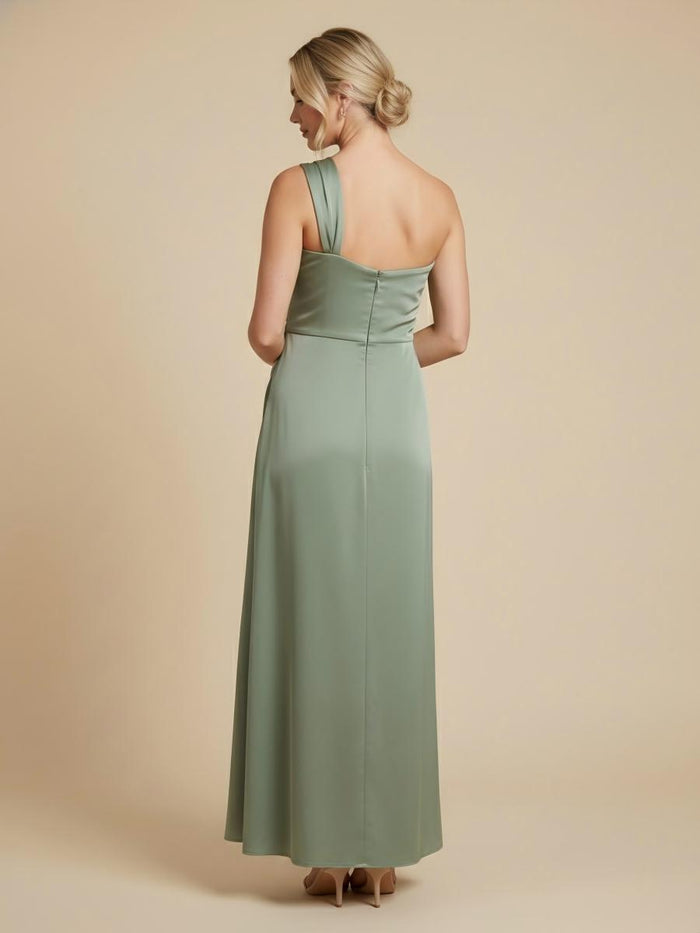 Satin A Line One Shoulder Pleated Formal Dresses