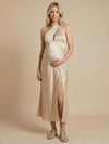 Satin Sheath Halter Formal Dresses with Slit