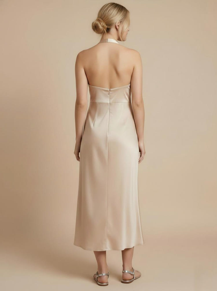 Satin Sheath Halter Formal Dresses with Slit