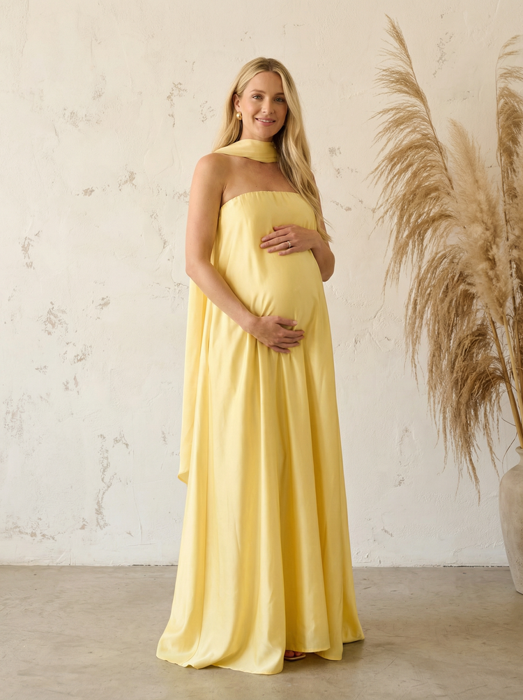 Formal Evening Dresses with Scarf Maternity Gowns Yellow Satin A-Line Strapless Long Wedding Guest Dresses