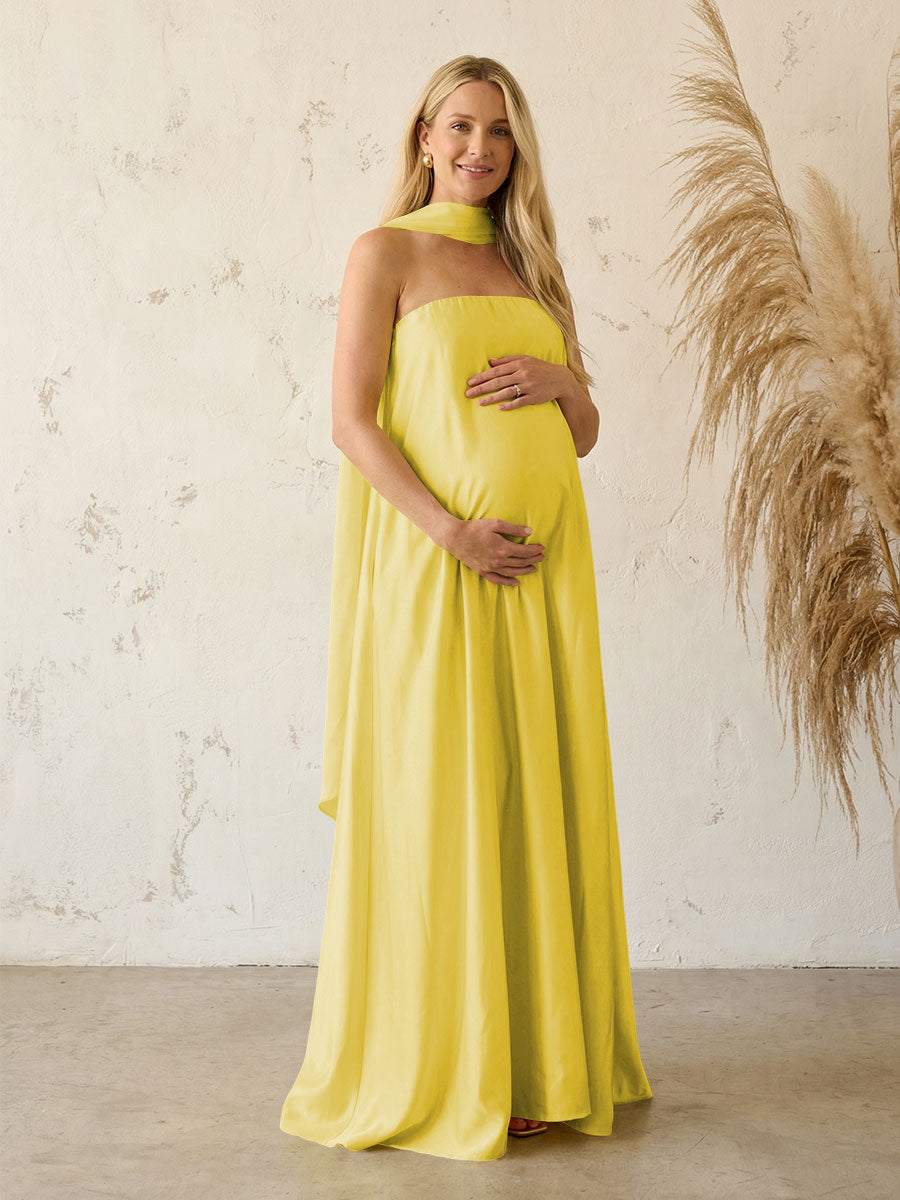 Silk Satin A Line Strapless Formal Dresses with Scarf