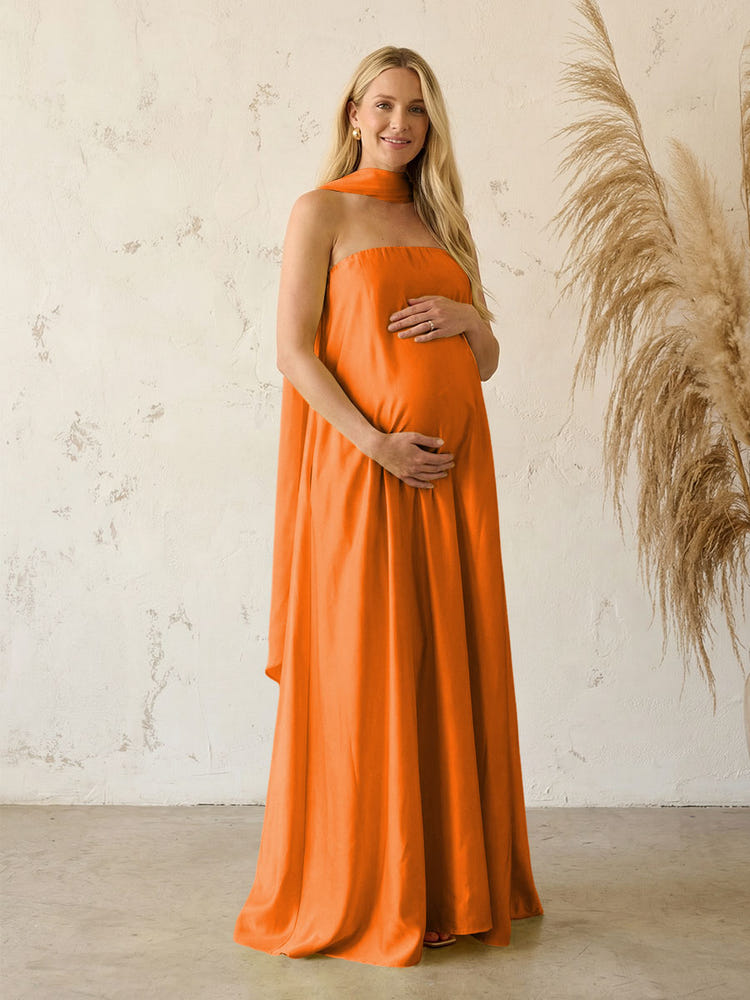 Gracins Orange Silk Satin A Line Strapless Formal Tent/ Trapeze /Tube Dresses with Scarf 2026
